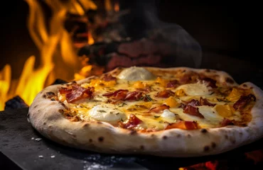 Foto op Plexiglas Generative AI illustration of homemade pizza carbonara with egg and bacon.Italian food © Eduardo Lopez