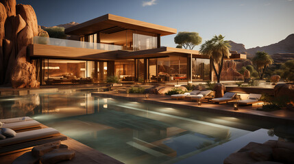 Fototapeta premium luxury modern backyard with a swimming pool, 3d rendering