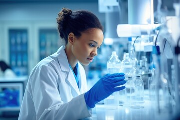 A female pharmaceutical researcher at work in the lab created a chemical formula in a laboratory for the virus antidote to save work. mock-up for ads.