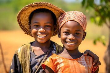 Happy African children smiling on the background of nature, the problem of poverty in Africa