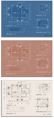 Set of 3 architectural floor plan drawings of houses in modern, new and old styles, pastel colors. Template background of blueprint drafting paper