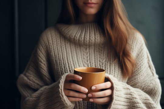 Woman wearing a cozy pullover and holding a cup of coffee. Drink at morning. A girl in a cozy house drinks a hot drink.
