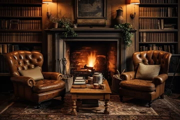 Fotobehang Living room with crackling fireplace, vintage leather armchairs warm dim lighting with bookshelf filled antique books © SaroStock