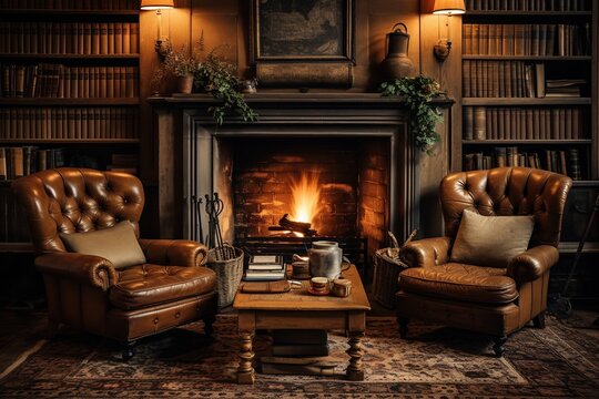 Living room with crackling fireplace, vintage leather armchairs warm dim lighting with bookshelf filled antique books