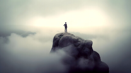 person stands on top of a large rock surrounded by fog, looking out into the distance. It's quiet, peaceful, and very high up