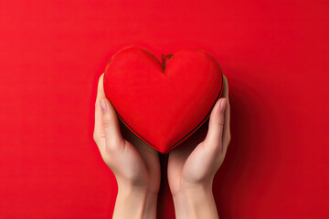 Obraz premium Woman holding Valentine's day present in heart shape red box. anniversary gift.
