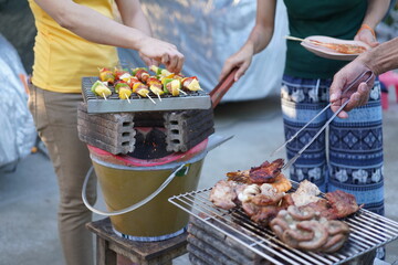 Asian, American and African family parties with grilled seafood and beer drinks, BBQ