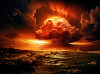 Radioactive Nuclear Explosion in the Ocean Clouds vapourize the yellow sky and a big fog of radioactive particles in the air and big shock waves. Nuke Bomb. Radioactive bomb blast. World War III.
 - obrazy, fototapety, plakaty