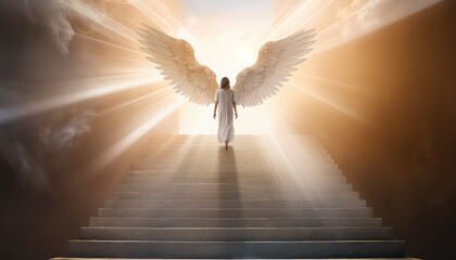 Woman in white dress and wings in paradise, March 8 World Women's Day - obrazy, fototapety, plakaty