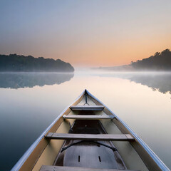 IA generativa  Canoe on a calm lake at sunrise, quiet, peaceful, - obrazy, fototapety, plakaty
