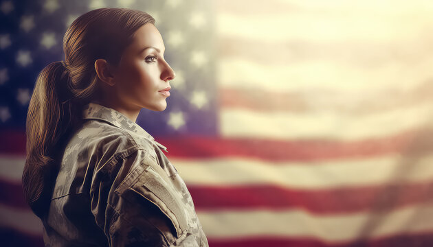 Female soldier in military uniform on american flag background, March 8 World Women's Day