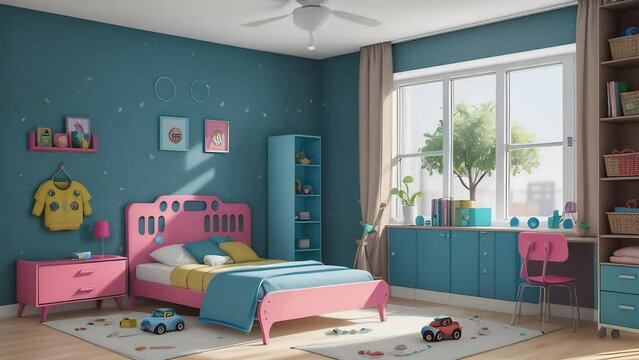 3D Model of a children's room with a crib in blue and turquoise tones. Bedroom design template. Neutral tones in the interior