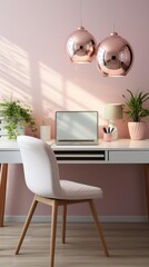 Laptop with blank white screen on office desk interior Stylish rose gold workplace mockup table view