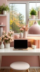 Laptop with blank white screen on office desk interior Stylish rose gold workplace mockup table view