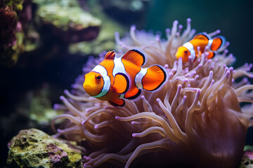 Fototapeta na wymiar Sea anemone and clown fish in marine aquarium.