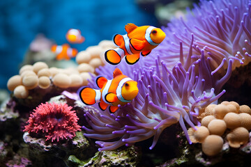 Sea anemone and clown fish in marine aquarium.