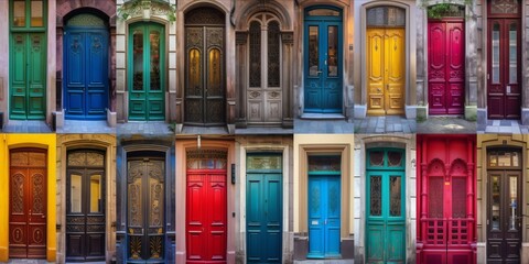 Collage of many colourful vintage front doors to houses and homes.