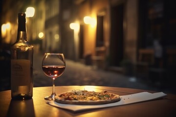Pizza, wine bottle, wineglasses and spice oil on the restaurant table outdoors, background of narrow old Italian streets  - obrazy, fototapety, plakaty