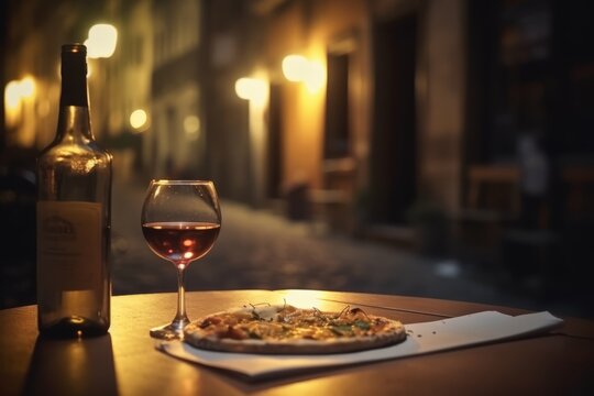 Fototapeta Pizza, wine bottle, wineglasses and spice oil on the restaurant table outdoors, background of narrow old Italian streets 