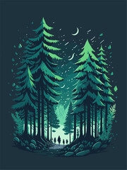 Obraz premium A pine forest landscape ,magic, t-shirt design, vibrant pale green colors