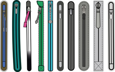 Zip fastener with Zipper puller flat sketch vector illustrator. Set of water proof invisible Zip pocket types for Shorts, Pants, dress garments, bags, jackets Clothing and Accessories