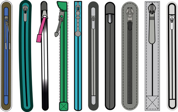 Zip fastener with Zipper puller flat sketch vector illustrator. Set of water proof invisible Zip pocket types for Shorts, Pants, dress garments, bags, jackets Clothing and Accessories