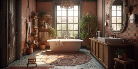 Stylish interior of bathroom in a house in Bohemian style - obrazy, fototapety, plakaty