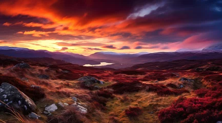 Foto op Canvas Fiery sunset over the Scottish highlands with a dramatic red sky. © Jan