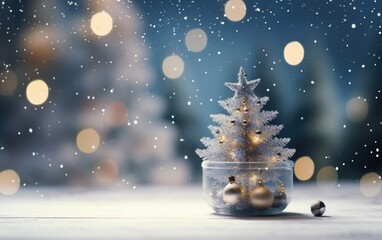 White Christmas tree in a glass bowl in snow with close up background, Christmas tree in glass ball background