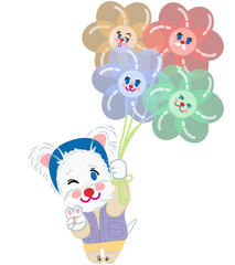 Westie dog holding flower balloons and make a V Sign