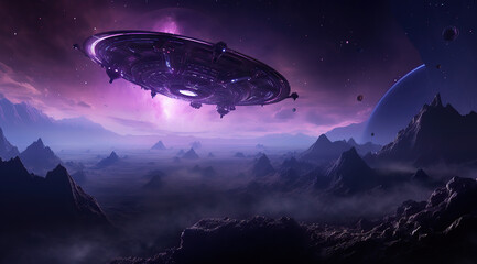 Sci-fi illustration of a purple planet.