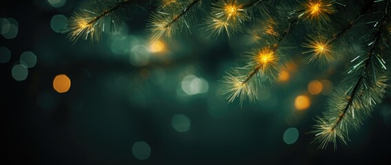 tree branches with balls and close-up bokeh abstract Christmas background