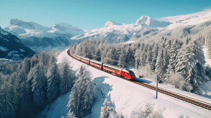 drone view of modern train passing through snow covered alps mountains switzerland europe