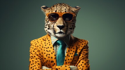 Fototapeta premium studio portrait of jaguar with glasses and stylish suit, isolated on clean background,accessories business concept