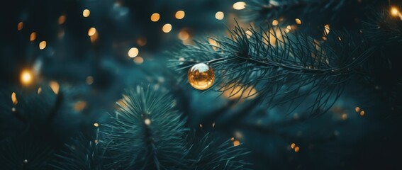 Fototapeta premium Christmas tree branches and tree leaves with golden ball decorations with blurred background, close up, Christmas and Happy New Year background