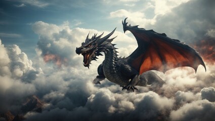 black dragon in the clouds - obrazy, fototapety, plakaty