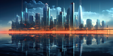 Fototapeta na wymiar Futurestic city in blue tones with the reflection.