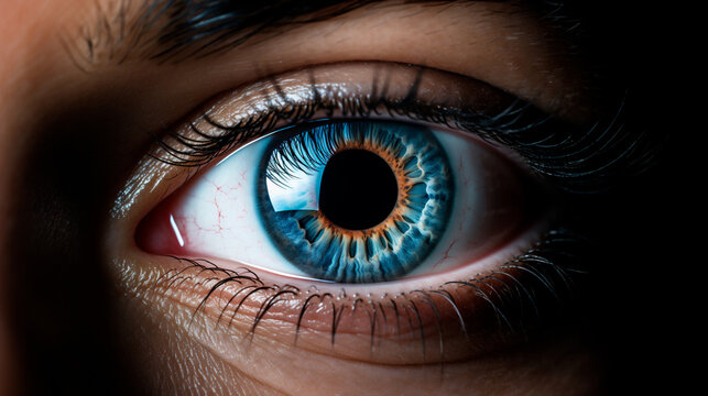  photo of a human eye, blue, close-up. High resolution photo. Beautiful blue eye. Eyes are the mirror of the soul.