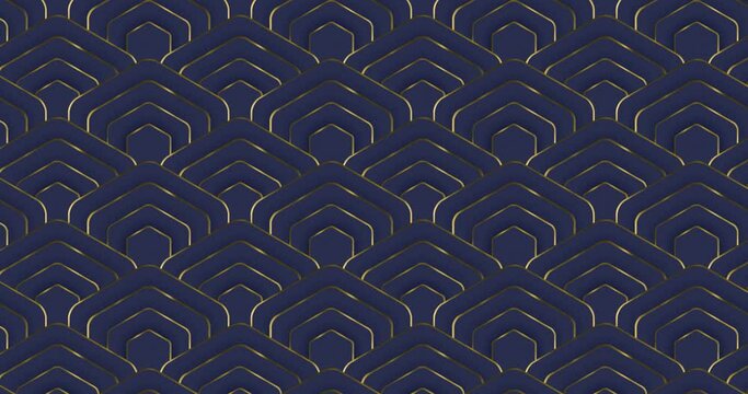 Elegant Seamless looped pattern background of golden rings rounded hexagon pattern moving from left to right over blue color background.