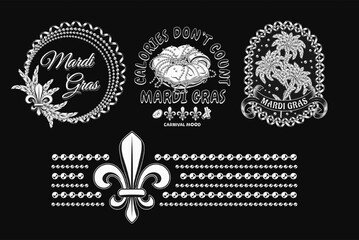 Carnival Mardi Gras labels with Fleur de Lis, holiday food, party streamers, strings of beads, text Vintage illustrations on black background For prints, clothing, t shirt, holiday goods, stuff design - obrazy, fototapety, plakaty