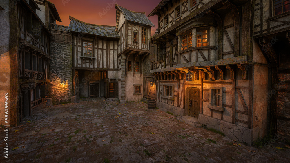 Poster cobbled street in a medieval fantasy town in evening light. 3d rendering.