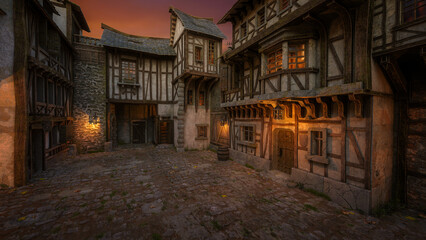 Fototapeta na wymiar Cobbled street in a medieval fantasy town in evening light. 3D rendering.