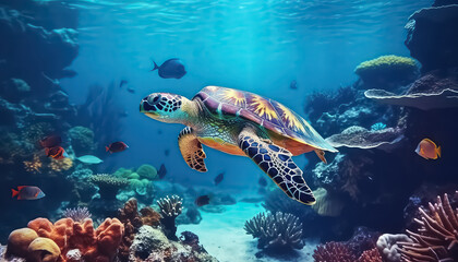 A large turtle swims in a clear ocean , Environmental eco safe Conservation