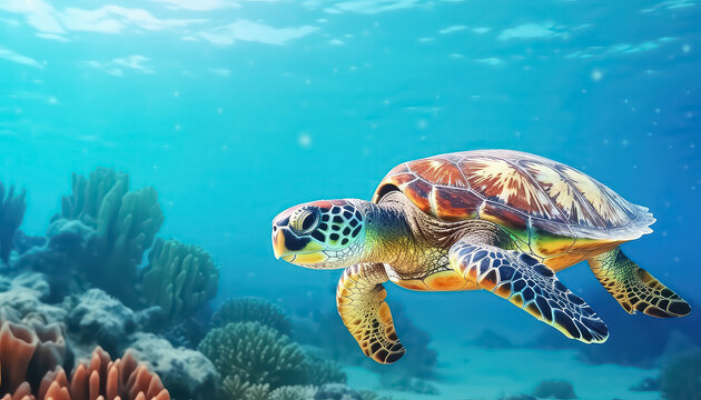 A large turtle swims in a clear ocean , Environmental eco safe Conservation
