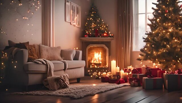 Christmas, Living room with Christmas and New Year decorated interior. cartoon or anime watercolor illustration style looping video background