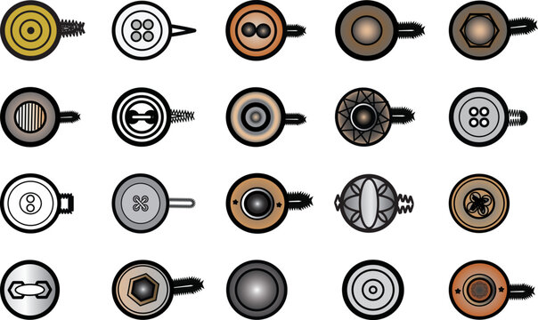 Sewing Buttons flat sketch vector illustration set, different types of Shirt Buttons, Shank button, Flat buttons and Decorative buttons for fasteners, dresses garments, Jeans, Clothing and Accessories