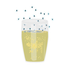 Fruit flies and juice glass. Drosophila melanogaster. Flies flying above glass with beverage. Insect swarming around food scraps. Organic waste or kitchen leftovers and pest. Stock vector illustration