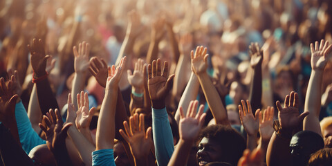 Multi ethnic people raising their fists up in the air. - obrazy, fototapety, plakaty