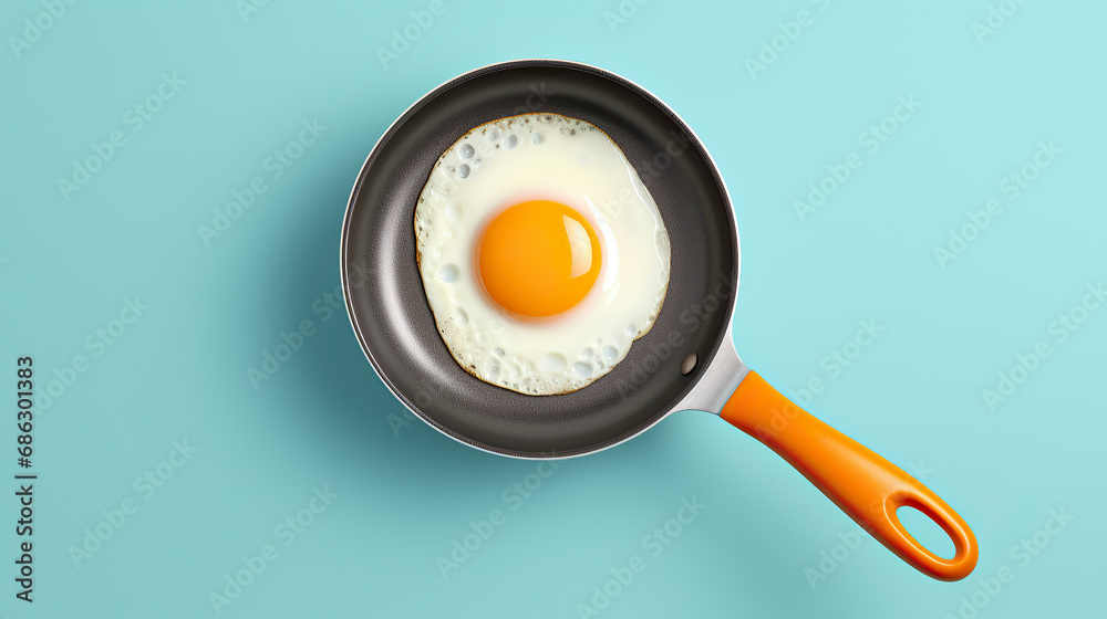 Wall mural fried egg on small pan isolated on turquoise background.