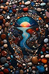 "Craft an otherworldly scene using pebble mosaic as your medium, where the stones come together to evoke a sense of cosmic energy.